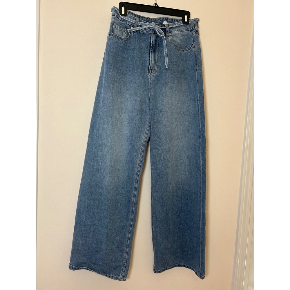 H&M Divided Women's Light Wash Wide Leg Jeans Tie Waist Casual Comfort Size 2‎